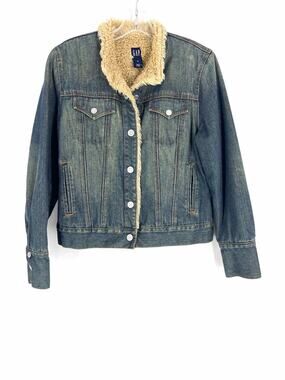 Gap Size M Denim/Tan Faux Fur Lined Mineral Wash Blazer Jacket